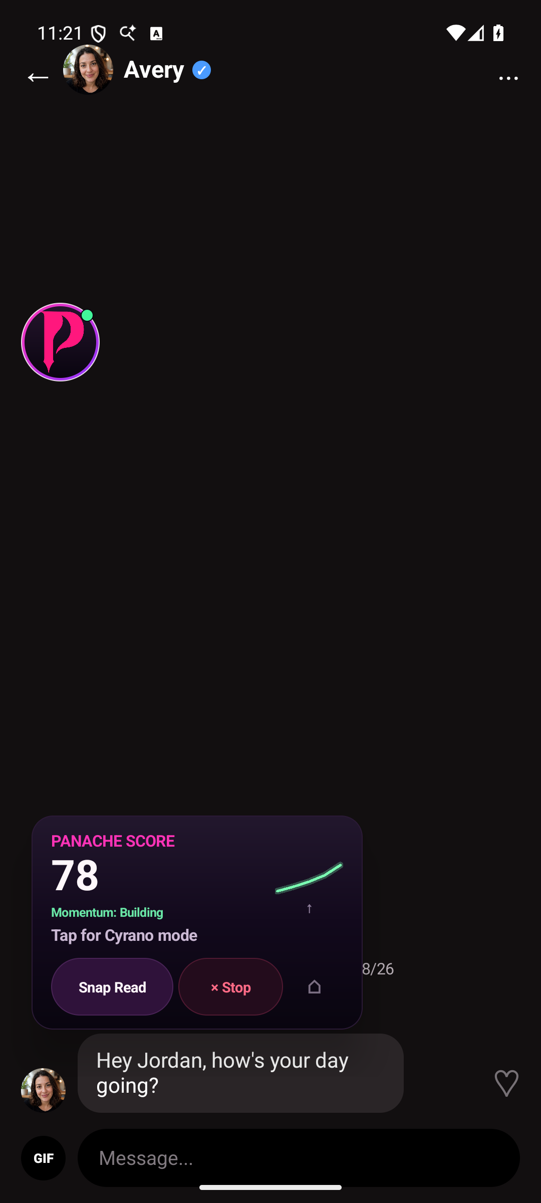 Panache opening beside a dating conversation on Android.