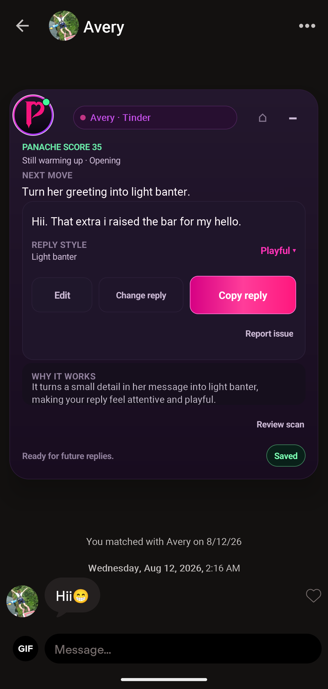 Panache showing guidance and a suggested reply for a dating conversation on Android.